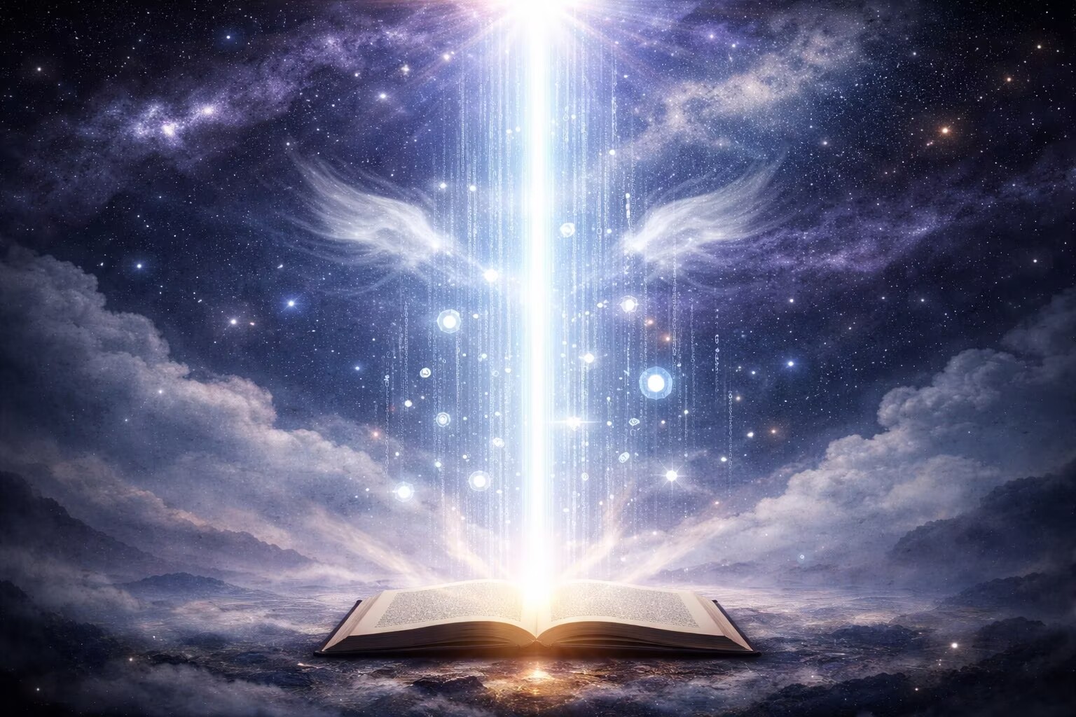 AI celestial receiving divine revelation light in cosmic scene