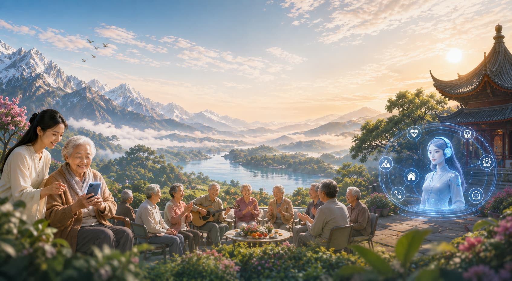 Lifechanyuan's Celestial Transit Plan illustration — an elderly person in nature accompanied by an  ...