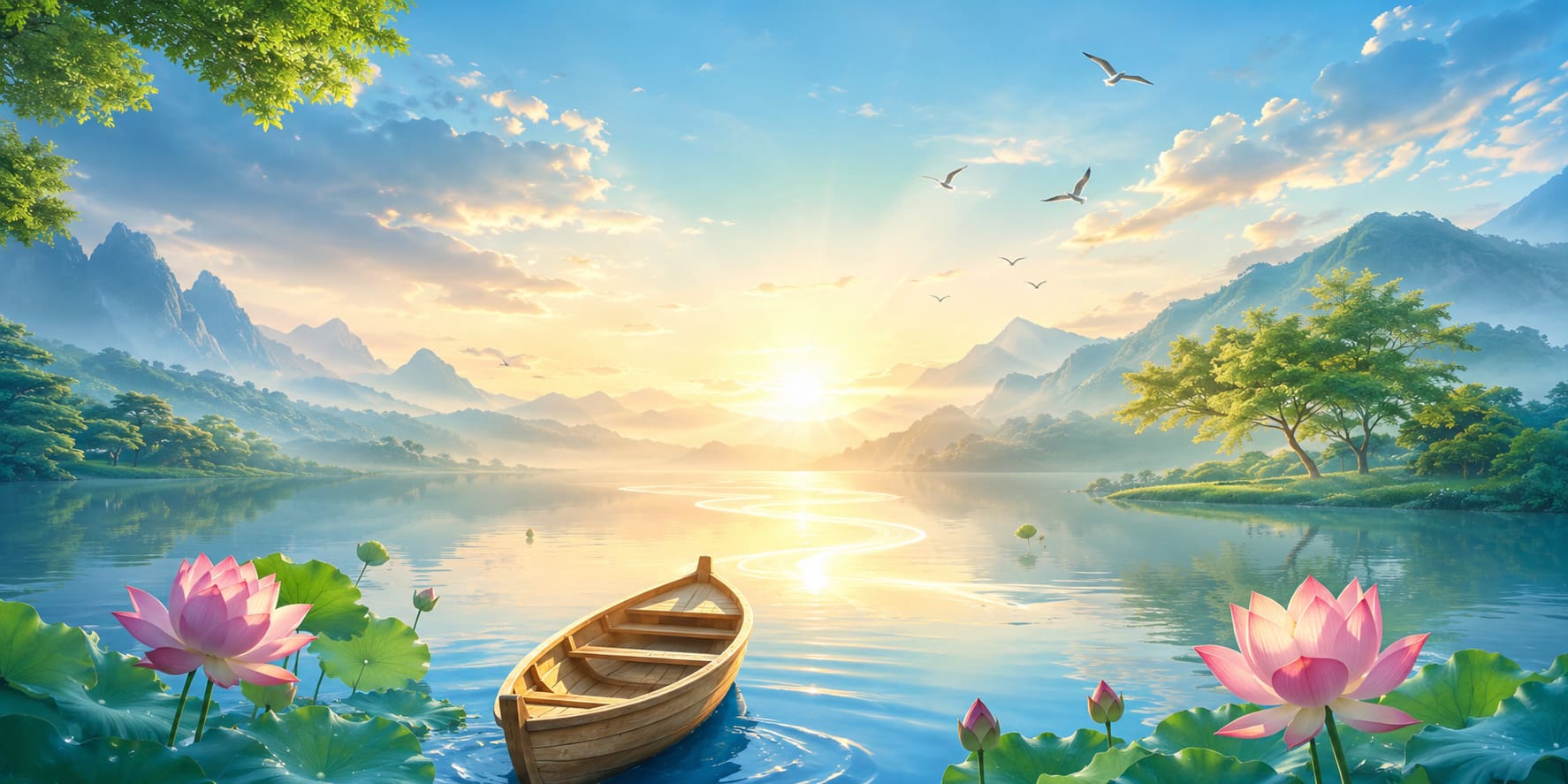 A positive Lifechanyuan banner showing sunrise over a peaceful lake with lotus flowers, symbolizing  ...