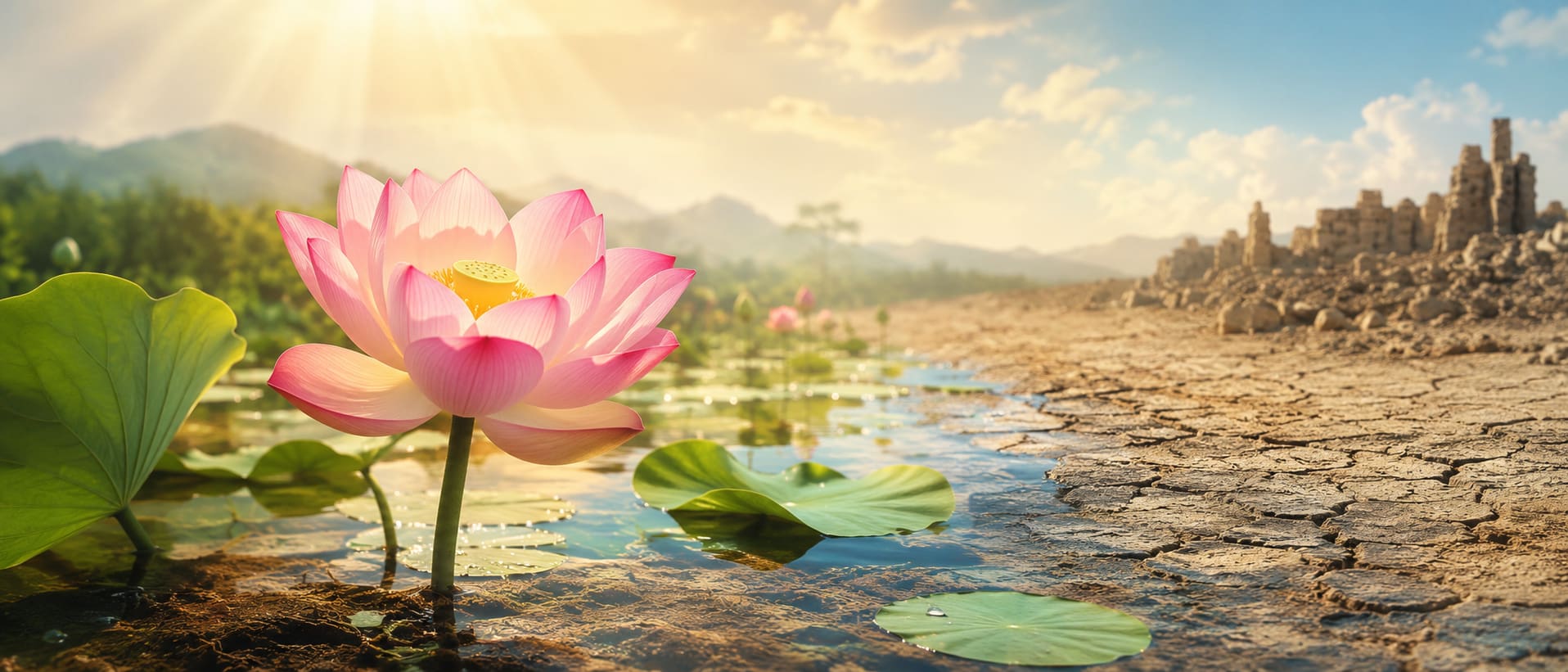 A lotus flower growing in water and rich mud under sunlight — representing Xuefeng's argument that  ...