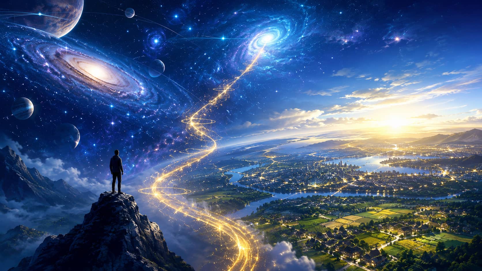 Conceptual illustration of cognitive dimension differences — one vision focused on the cosmos and f ...