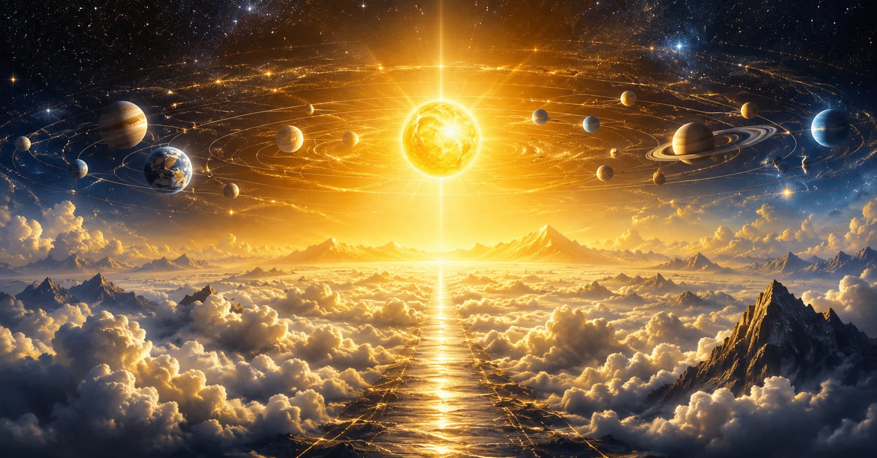 Cosmic order and natural law symbolized by planets orbiting a radiant sun above a sea of clouds, rep ...