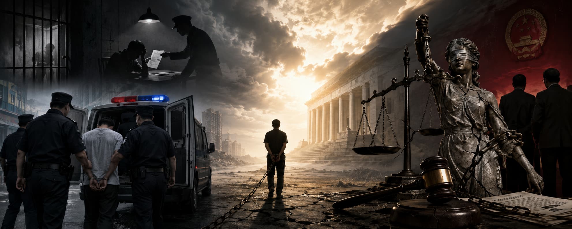 A symbolic illustration representing judicial persecution, the rule of law, and the pursuit of justi ...