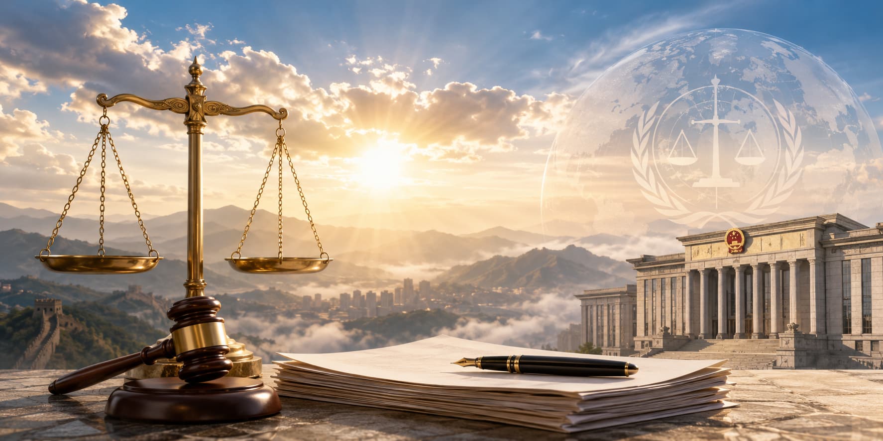 Scales of justice and legal documents symbolizing a bill of complaint and fair trial