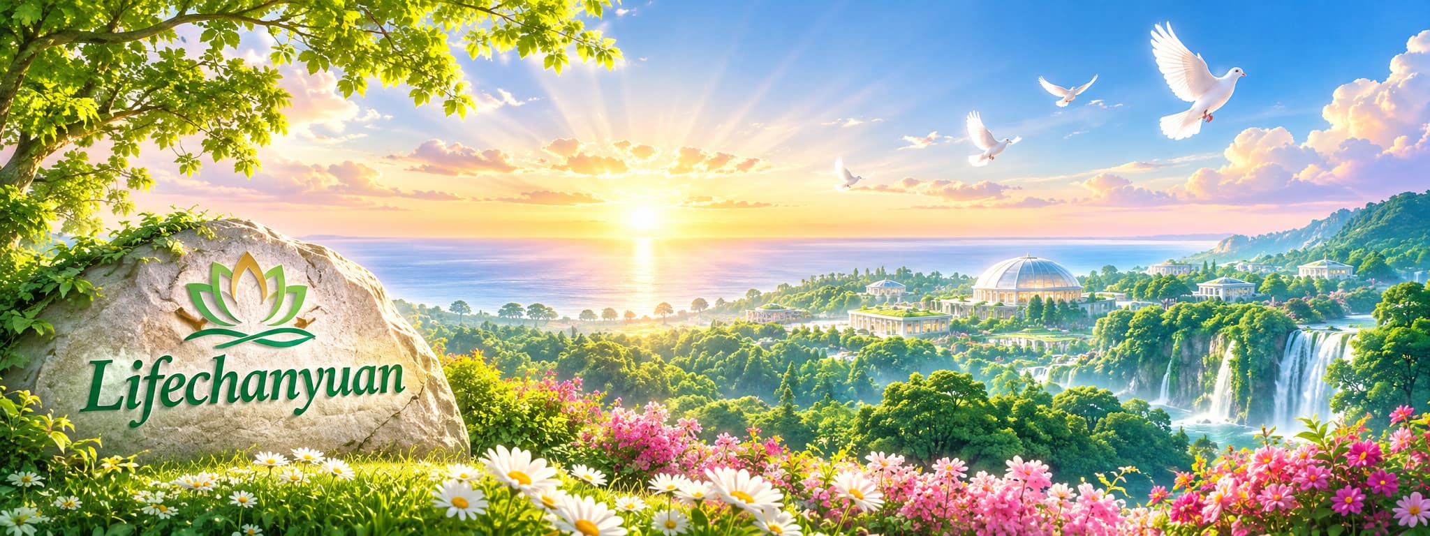 Spiritual hope for Lifechanyuan, inspired by I Have a Dream by Xuefeng, with a sunrise, peaceful lan ...