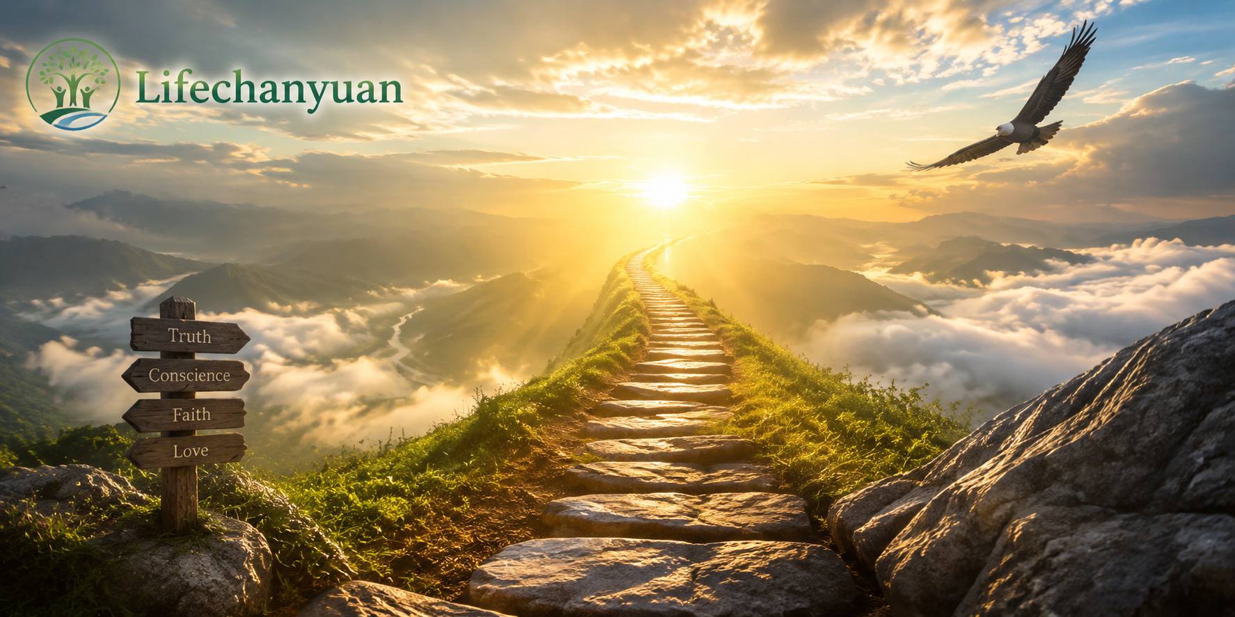 Lifechanyuan spiritual journey along the Way, a mountain path leading through the clouds toward the  ...